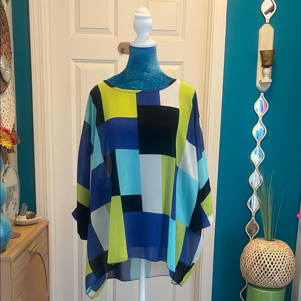 Allegra K Blue and Green Sheer Geometric Blouse